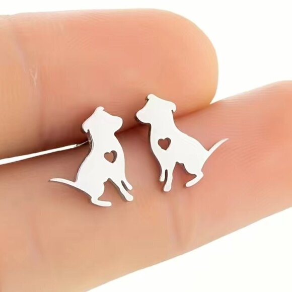 Dog Pitbull and Heart Stainless Steel Stud Earrings #812 (Color: black) - Picture 4 of 10